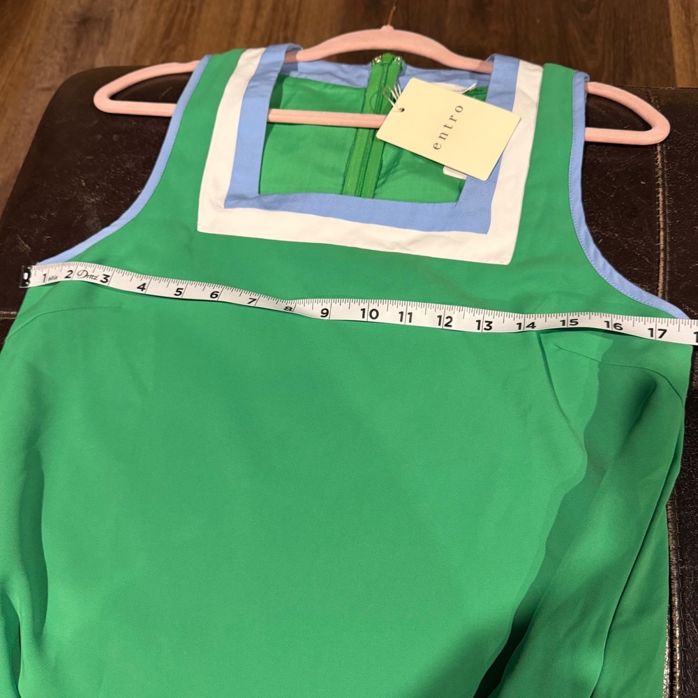 Entro Women Green Mod Shift Dress Square Neck Blue White Trim Sleeveless Small - Picture 5 of 5